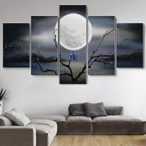 Big Full Moon over Ocean, Tree Love Birds 5 Pieces Canvas Wall Art, Large Framed Canvas Wall Art, Extra Large Framed 5 Panel Canvas Wall Art