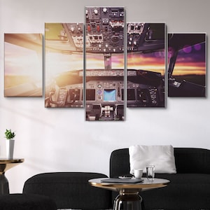 Airplane Interior Cockpit View Inside 5 Pieces Canvas Wall Art, Large Framed Canvas Wall Art, Extra Large Framed 5 Panel Canvas Wall Art