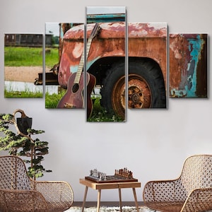Old Acoustic Guitar with Rustic Car 5 Pieces Canvas Wall Art, Large Framed Canvas Wall Art, Extra Large Framed 5 Panel Canvas Wall Art Decor
