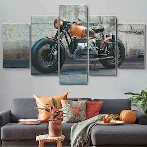 Vintage Motorcycle 5 Pieces Canvas Wall Art, Large Framed Canvas Wall Art, Extra Large Framed 5 Panel Canvas Wall Art, Wrapped Gallery Art