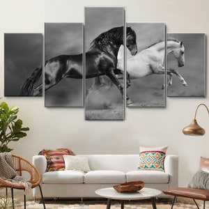 Black Friesian Running Horses 5 Pieces Canvas Wall Art, Large Framed Canvas Wall Art, Extra Large Framed 5 Panel Canvas Art, Wrapped Gallery