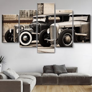 Hot Rods Black and White 5 Pieces Canvas Wall Art, Large Framed Canvas Wall Art, Extra Large Framed 5 Panel Canvas Wall Art, Wrapped Gallery