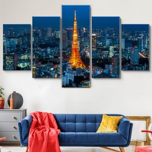 Tokyo Tower, Tokyo City Skyline at Sunset 5 Pieces Canvas Wall Art, Large Framed Canvas Wall Art, Extra Large Framed 5 Panel Canvas Wall Art
