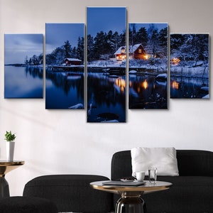 Snowy Cabin on a Lake 5 Pieces Canvas Wall Art, Large Framed Canvas Wall Art, Extra Large Framed 5 Panel Canvas Wall Art, Wrapped Gallery