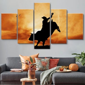 Bull Rider at Sunset, Cowboy Silhouette 5 Piece Canvas Wall Art, Large Framed Canvas Wall Art, Extra Large Framed 5 Panel Canvas Wall Art