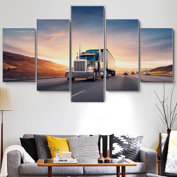 Semi Truck Big Rig on the Highway 5 Piece Canvas Wall Art, Large Framed Canvas Wall Art, Extra Large Framed 5 Panel Canvas Wall Art Wrapped