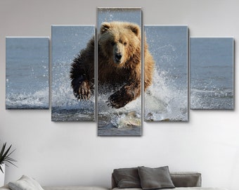 Grizzly Bear Running On Water, 5 Panel Canvas Wall Art, Wildlife Nature Decor, Brown Bear Splashing 5 Piece Canvas Print, Wrapped Canvas Art