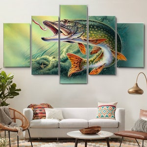 Fishing Hooked Pike Fish 5 Pieces Canvas Wall Art, Large Framed Canvas Wall Art, Extra Large Framed 5 Panel Csnvas Wall Art, Wrapped Gallery