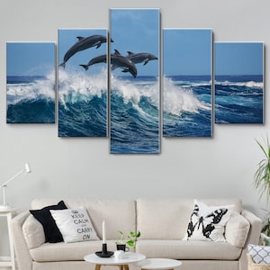 Three Dolphins Jumping Over Breaking Waves 5 Piece Canvas Wall Art, Large Framed Canvas Wall Art, Extra Large Framed 5 Panel Canvas Wall Art