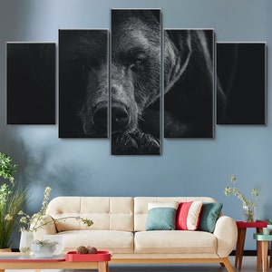 Brown Bear, Black and White Bear 5 Piece Canvas Wall Art, Large Framed Canvas Wall Art, Extra Large Framed 5 Panel Canvas Wall Art Wrapped