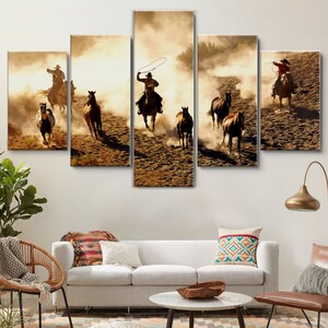 Horses Running in Desert with Cowboys 5 Pieces Canvas Wall Art, Large Framed Canvas Wall Art, Extra Large Framed 5 Panel Canvas Art Wrapped
