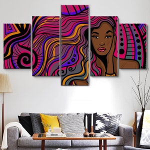 Woman Colorful Psychedelic Line 5 Pieces Canvas Wall Art, Large Framed Canvas Wall Art, Extra Large Framed 5 Panel Canvas Wall Art Wrapped