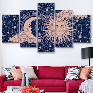 Crescent Moon and Sun Magical 5 Piece Canvas Wall Art, Large Framed Canvas Wall Art, Extra Large Framed 5 Panel Canvas Wall Art, Wrapped Art