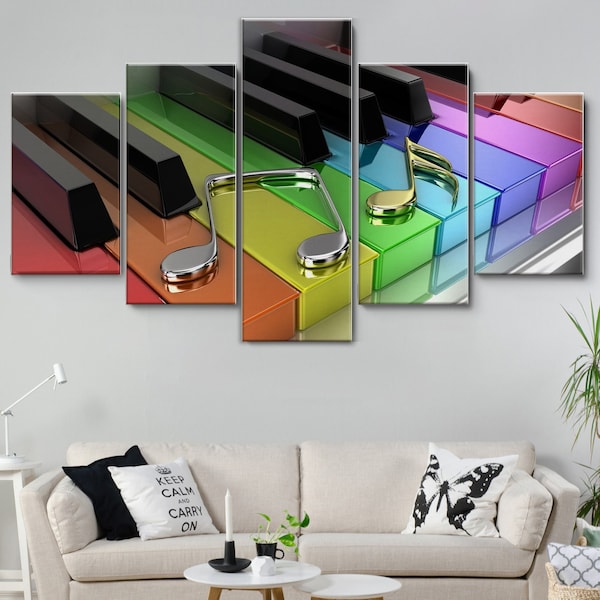 Rainbow Piano Keyboard 5 Pieces Canvas Wall Art, Large Framed Canvas Wall Art, Extra Large Framed 5 Panel Wall Art, Wrapped Gallery Art