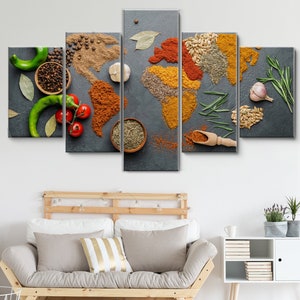 Specerijen wereldkaart 5 stuks canvas kunst aan de muur, grote ingelijste canvas muur kunst, extra grote ingelijste 5 paneel canvas muur kunst, verpakte galerij kunst