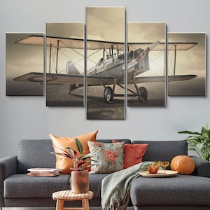 Vintage Aircraft Airplane 5 Piece Canvas Wall Art, Large Framed Canvas Wall Art, Extra Large Framed 5 Panel Canvas Wall Art, Wrapped Gallery