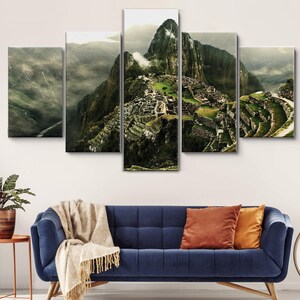 Machu Picchu Mountain 5 Pieces Canvas Wall Art, Large Framed Canvas Wall Art, Extra Large Framed 5 Panel Canvas Wall Art, Wrapped Gallery