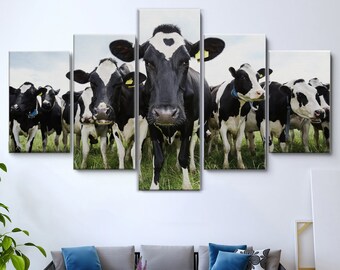 Herd of Cows Saying Hello 5 Piece Canvas Wall Art, Large Framed Canvas Wall Art, Extra Large Framed 5 Panel Canvas Wall Art, Wrapped Gallery