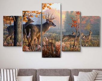 White Tailed Deer 5 Pieces Canvas Wall Art, Large Framed Canvas Wall Art, Extra Large Framed 5 Panel Canvas Wall Art, Wrapped Gallery Art