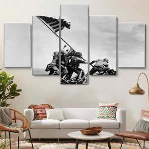Raising The Flag On Iwo Jima, 5 Panel Canvas Wall Art, Patriotic WWII Train Decor, Military History 5 Piece Canvas Print, Canvas Art Prints
