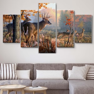 White Tailed Deer 5 Pieces Canvas Wall Art, Large Framed Canvas Wall Art, Extra Large Framed 5 Panel Canvas Wall Art, Wrapped Gallery Art