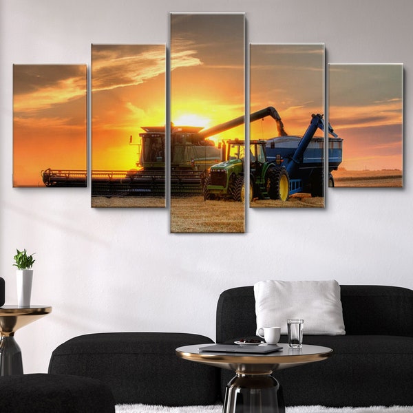 On Farm Tractor 5 Piece Canvas Wall Art, Large Framed Canvas Wall Art, Extra Large Framed 5 Panel Canvas Wall Art, Wrapped Gallery Art Decor