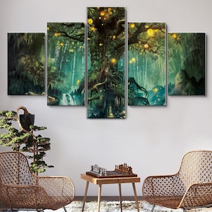 May include: A five-piece canvas print set depicting a large, green tree with glowing lights in a forest setting. The tree is the focal point of the artwork, with its branches reaching out towards the viewer. The forest is dark and mysterious, with a sense of wonder and magic.