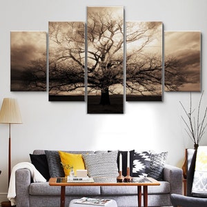 Sepia Tree Sky 5 Pieces Canvas Wall Art, Large Framed Canvas Wall Art, Extra Large Framed 5 Panel Canvas Wall Art, Wrapped Gallery Art Decor