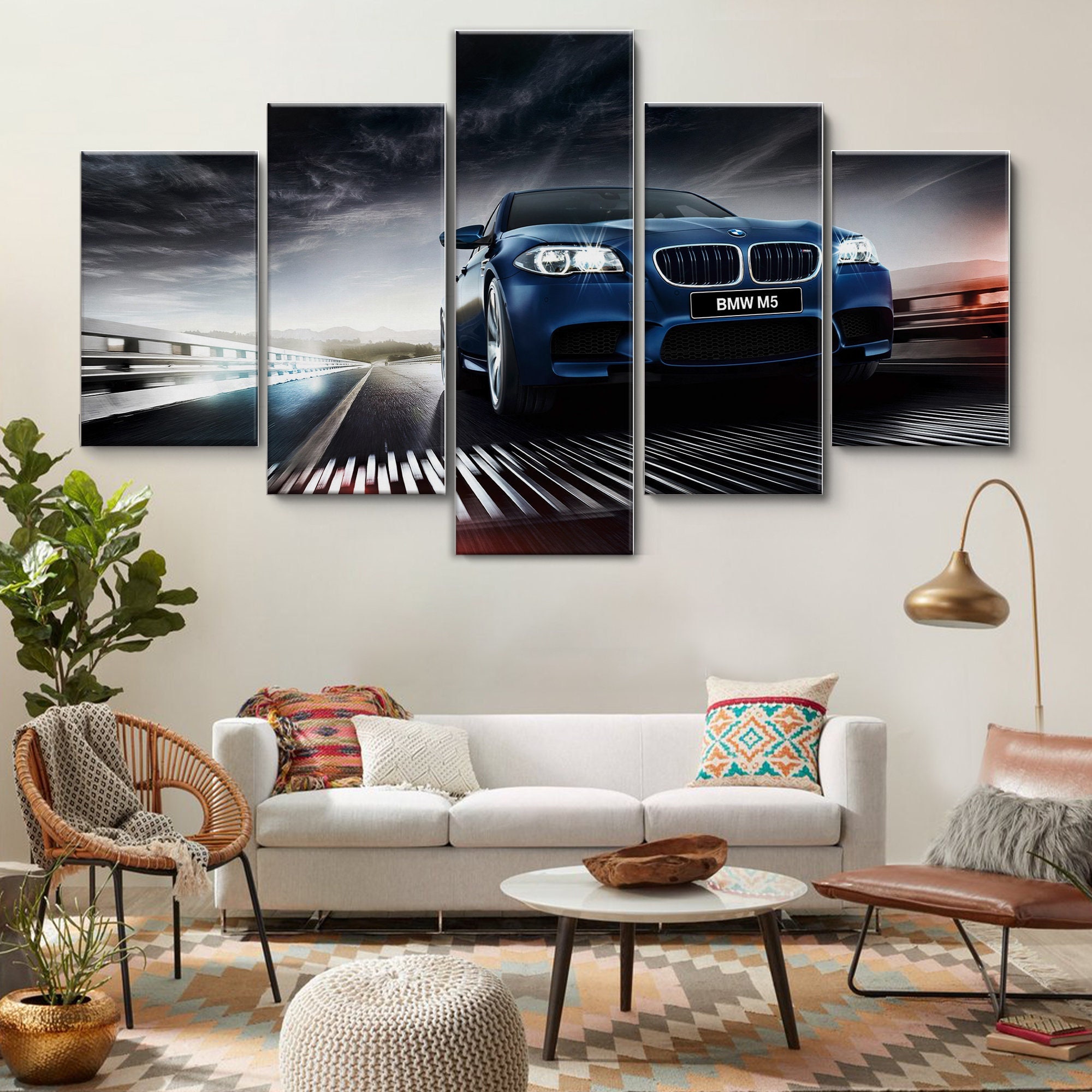 絵画 FOCUSPRIME 5 BMW M5 Luxury Blue Car 5 Piece Canvas Wall Art, Large Framed