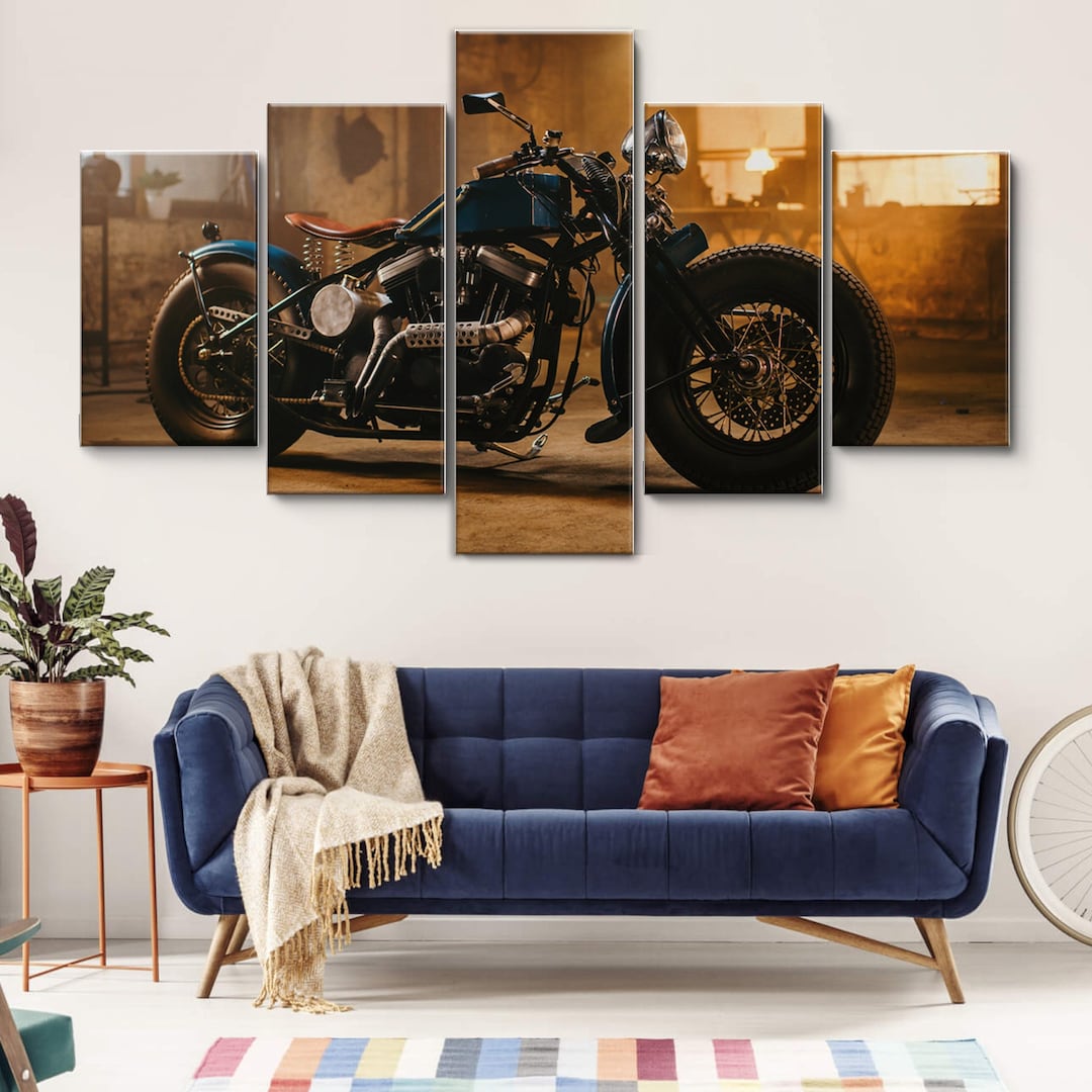 Vintage Motorcycle 5 Piece Canvas Wall Art, Large Framed Canvas Wall