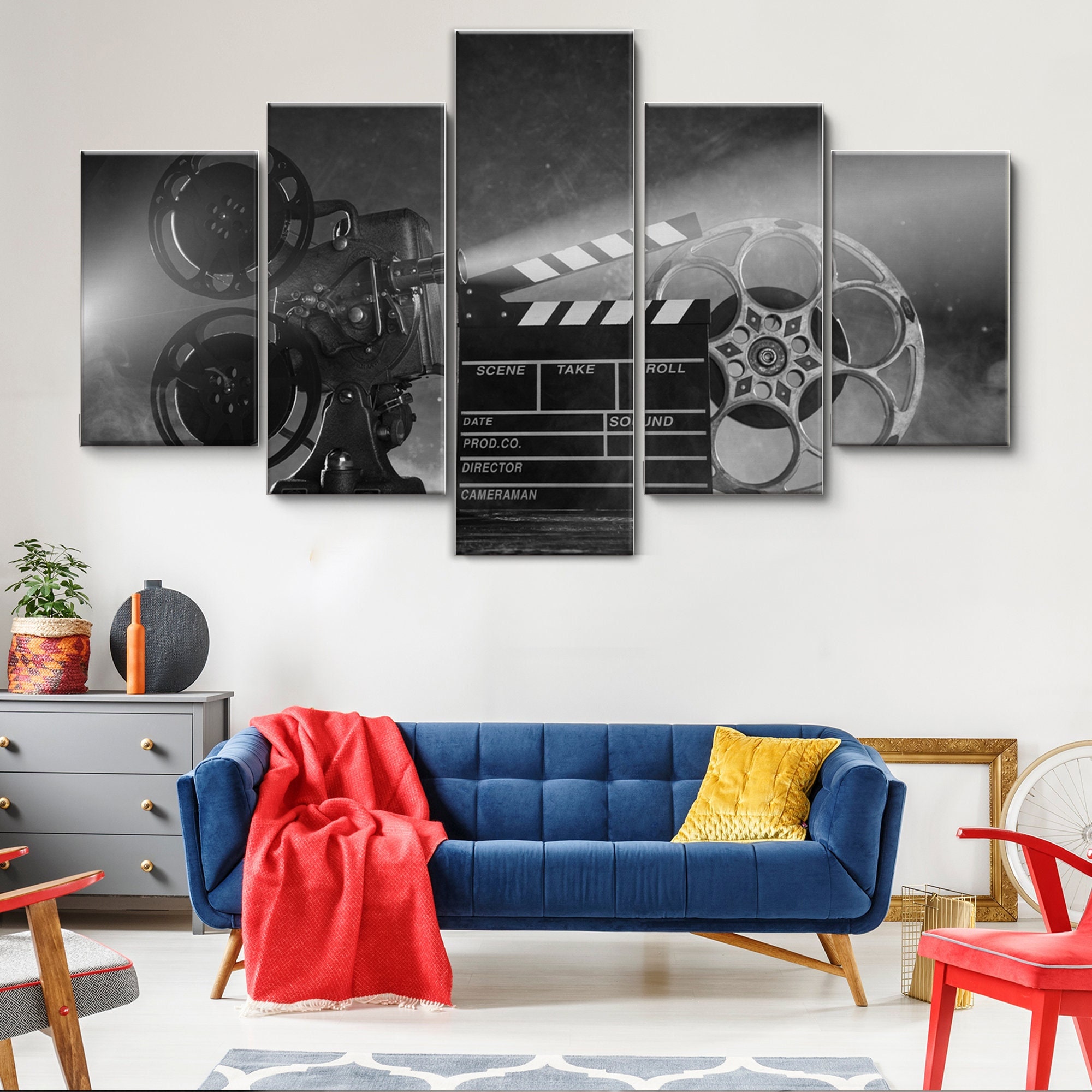 Classic Film Reels Black White 5 Piece Canvas Wall Art, Large Framed Canvas Wall Art, Extra Large Framed 5 Panel Canvas Art, Wrapped Gallery