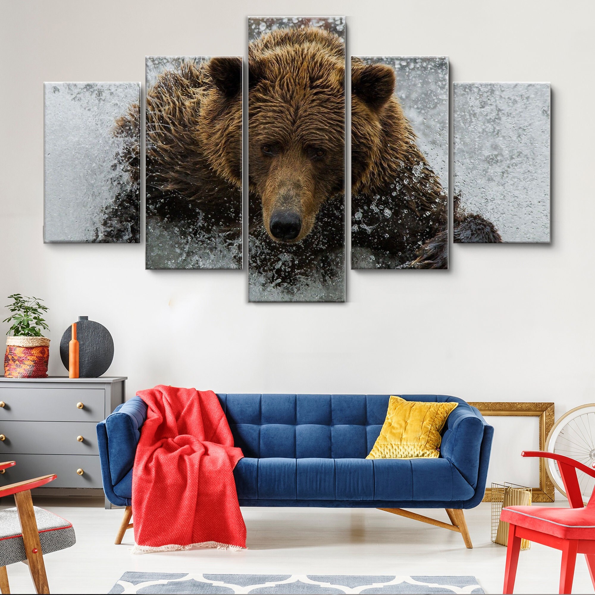 Grizzly Bear Splashing Water 5 Pieces Canvas Wall Art, Large Framed Canvas Wall Art, Extra Large Framed 5 Panel Canvas Art, Wrapped Gallery