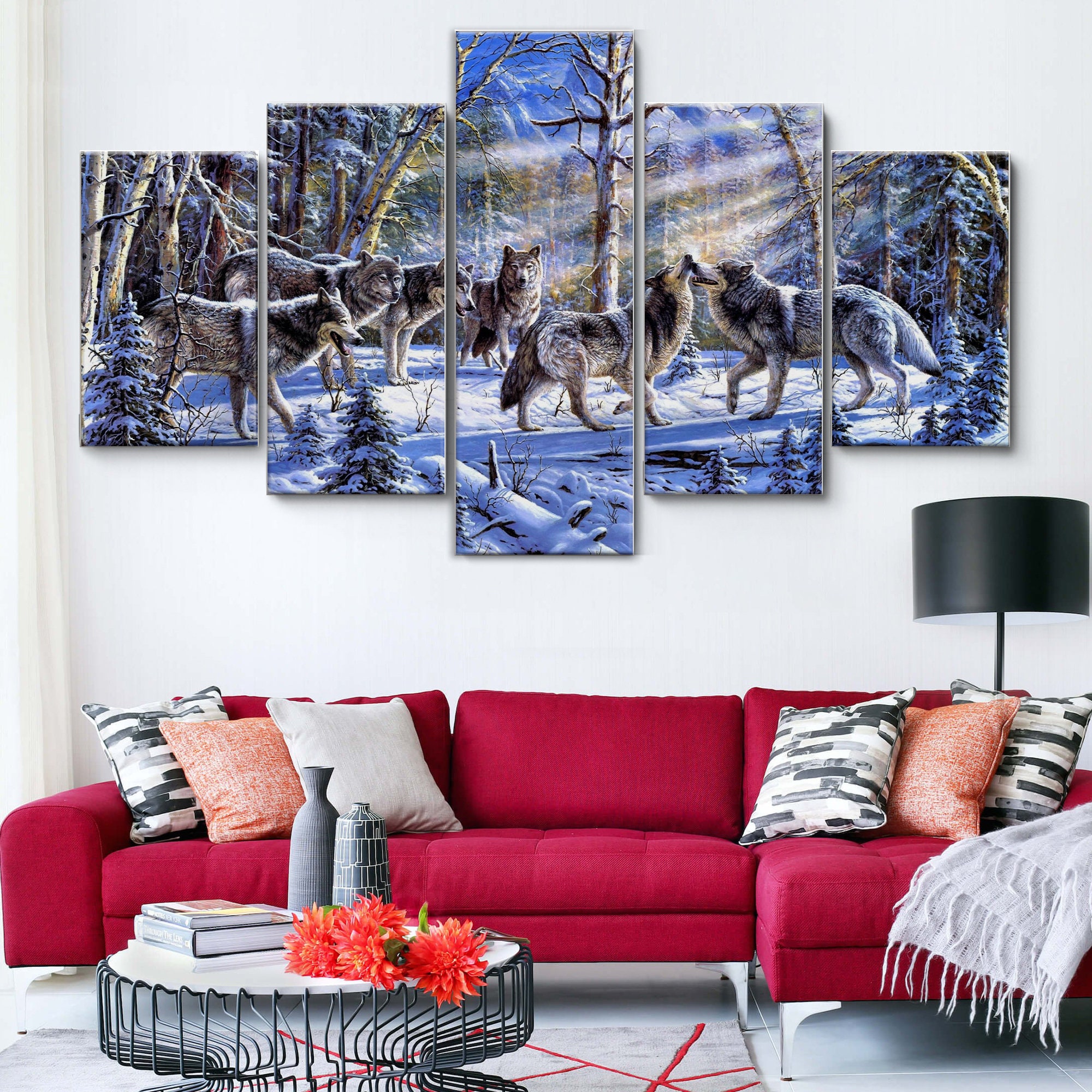 Quadro Su Tela Incorniciato 20x30 Pollici, Paesaggio Invernale Con Lupi E Albero, Arte Contemporanea