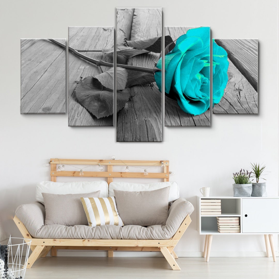 Teal Rose on Wood Deck 5 Pieces Canvas Wall Art, Large Framed Canvas ...