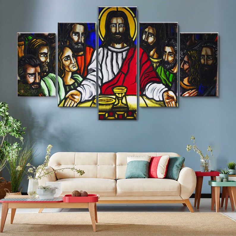 The Last Supper Stained Glass 5 Piece Canvas Wall Art, Large Framed