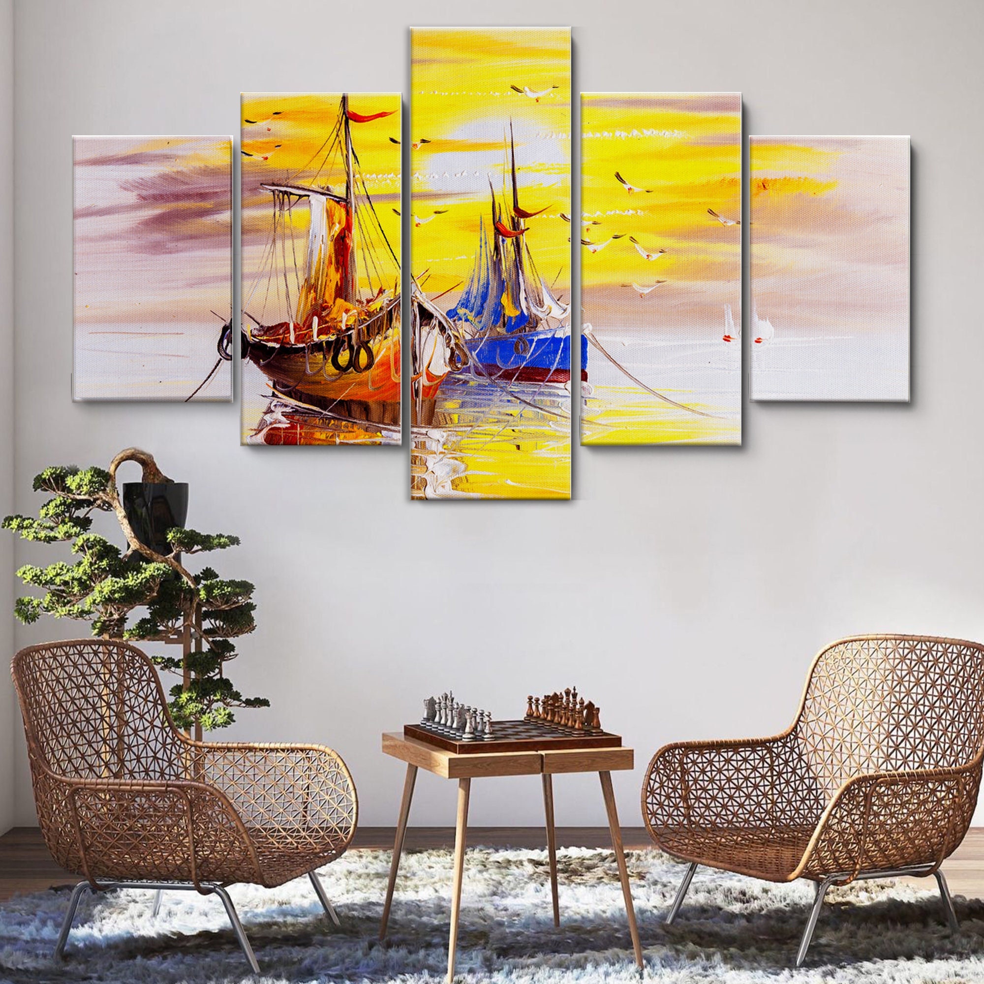Oil Painting Boat in Sunset 5 Pieces Canvas Wall Art, Large Framed