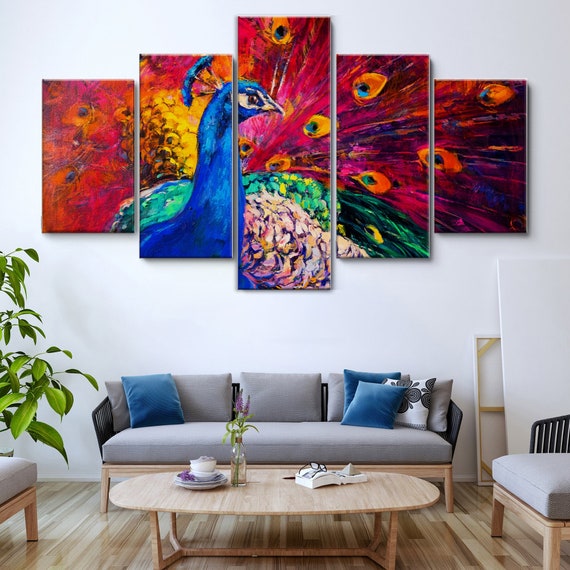 Peacock Oil Painting 5 Pieces Canvas Wall Art, Large Framed Canvas Wall Art,  Extra Large Framed 5 Panel Canvas Wall Art, Wrapped Gallery Art 