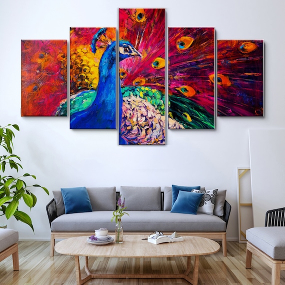 Peacock Oil Painting 5 Pieces Canvas Wall Art, Large Framed Canvas Wall Art,  Extra Large Framed 5 Panel Canvas Wall Art, Wrapped Gallery Art 