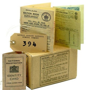 1940s-WW2 child's 5 Piece History-school project Set Includes 1 ration book 1 Clothing coupon book-Id card-School Identity Tag