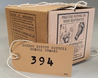 1940s/WW2 Blitz Wartime Memorabilia Historically accurate Air Raid-Gas mask Box includes a school printed luggage label