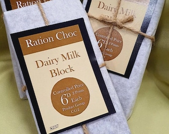 Barra de chocolate con leche de racionamiento de la Segunda Guerra Mundial (años 40). Una auténtica réplica comestible de un dulce de la época de la guerra.