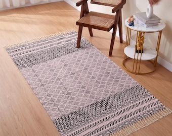 Handmade Block Print Cotton Area Rug, Boho Flatweave Floor Decor, 9x12 Feet