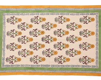 Handblock Printed Cotton Rug, Boho Moroccan Area Rug, Yellow Green Floral Carpet