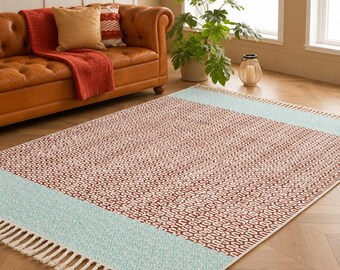Alfombra de algodón estampada a mano con bloques (8x10 pies), alfombra Dhurrie estilo boho, alfombra de diseño geométrico