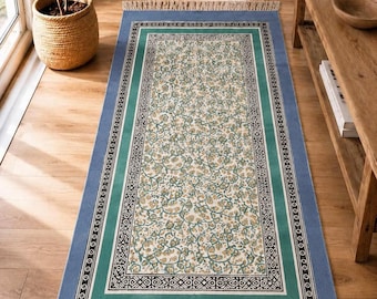 Hand Block Printed Cotton Rug 10x14, Floral Vine Boho Farmhouse Carpet