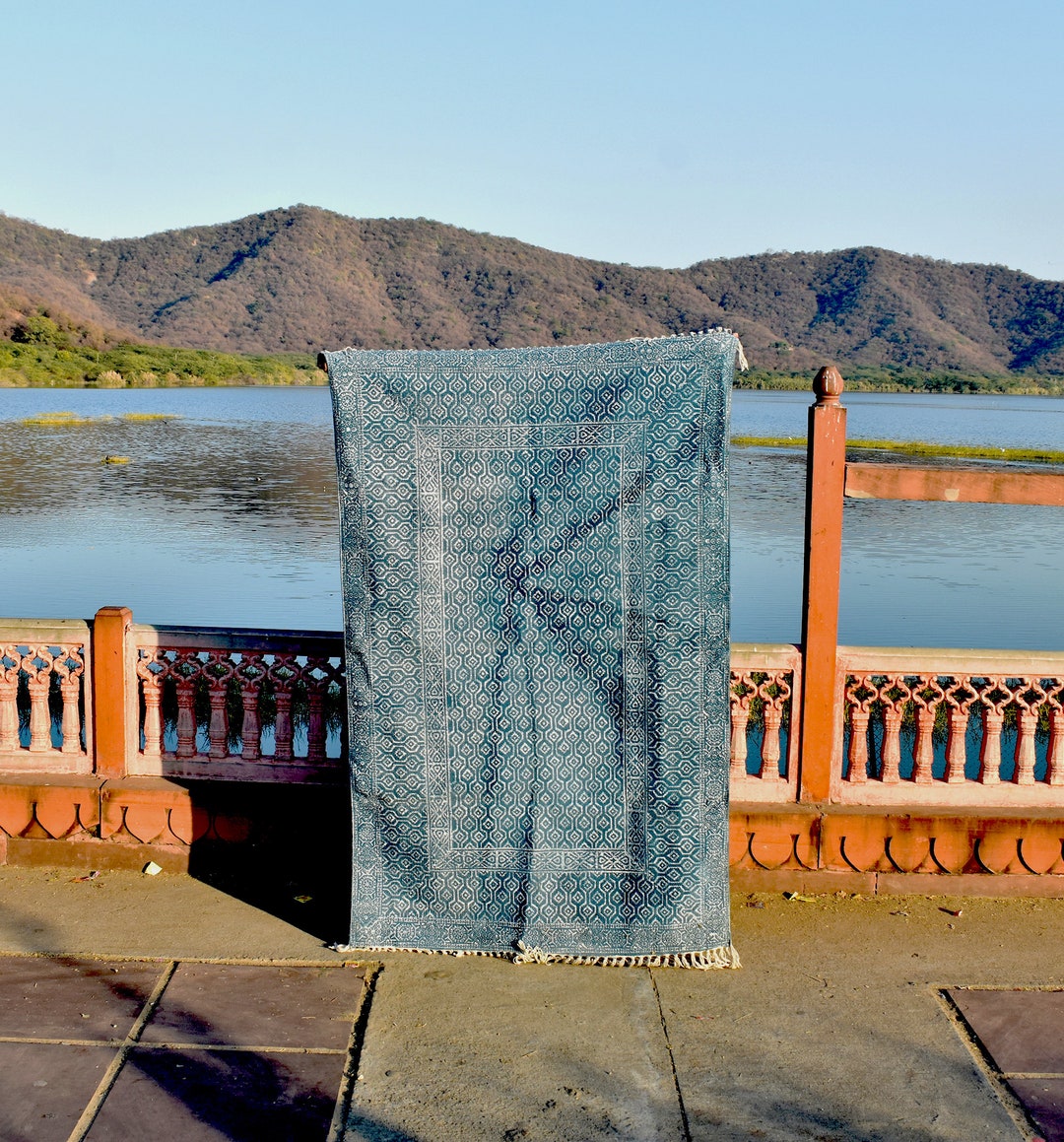 Hand Block Printed Indigo Rug – 6x8 Feet Indian Cotton Rug Handmade ...