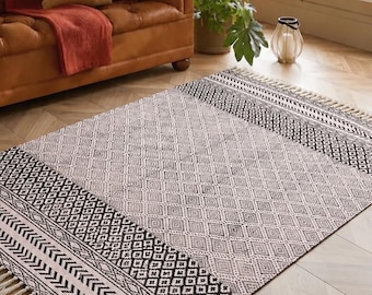 Gray Beige Cotton Area Rug, Bohemian Flatweave Floor Decor, Indian Accent Rug