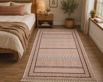 Block Print Cotton Dhurrie Rug 6x9 feet,Boho Bedroom Decor, Handmade Rug Washable Cotton  Dhurrie,Woven Rug, Modern Rug, Rustic Rug