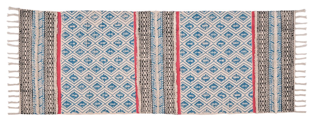 Handmade Blue Cotton Rug: Vintage Persian Moroccan Flat Weave Block ...