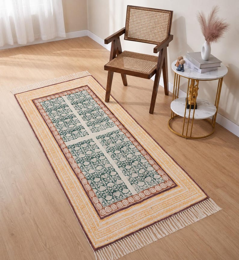 Block Pattern Area Rug Hand Block Printed Cotton Dhurrie Rug, Handmade Floral Area Rug, Indian ...